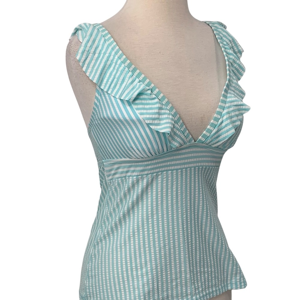 NWT Crown & Ivy Seersucker Blue/White Stripe Ruffled V-Neck Swim TankiniTop Sz S - Picture 2 of 8